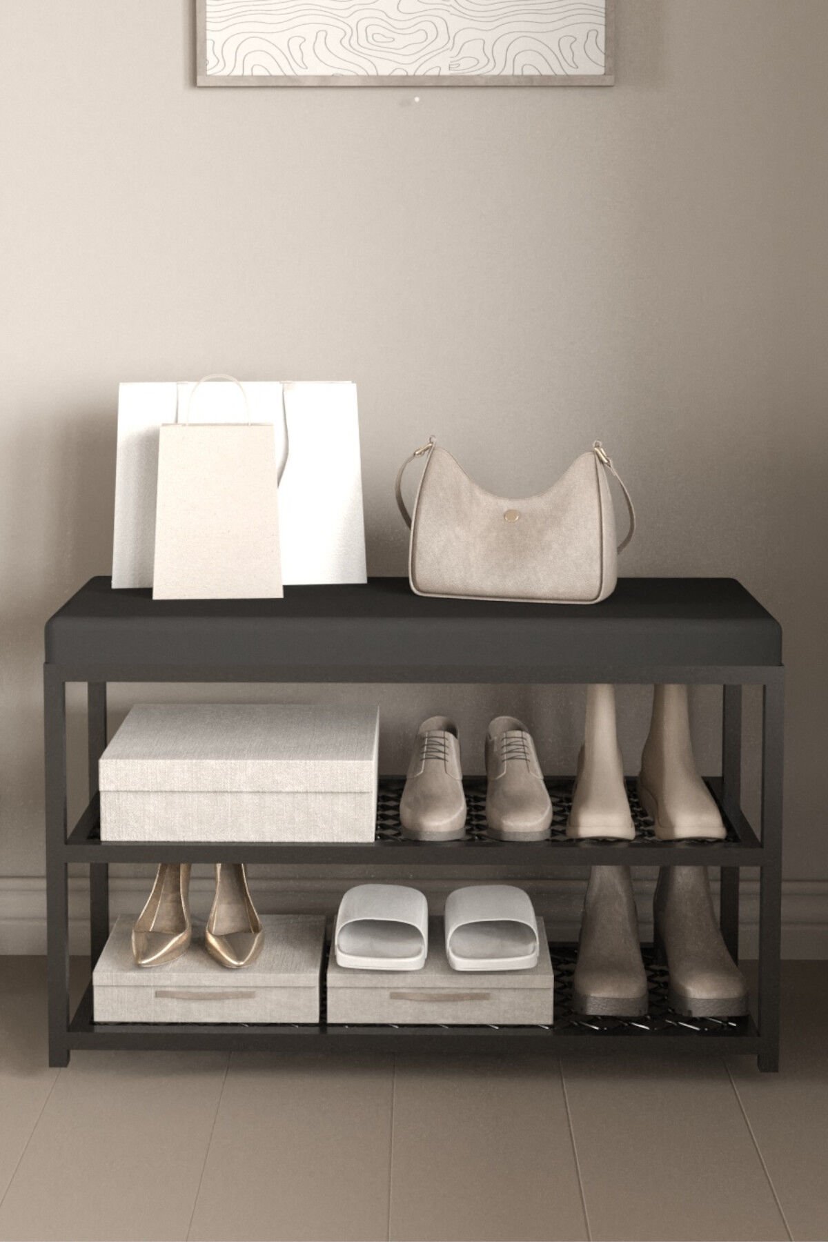 Minderli Puflu Metal Ayakkabılık Benç