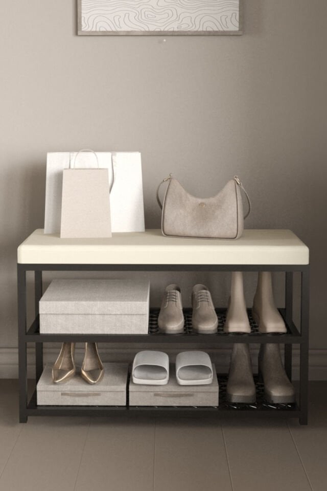 Minderli Puflu Metal Ayakkabılık Benç