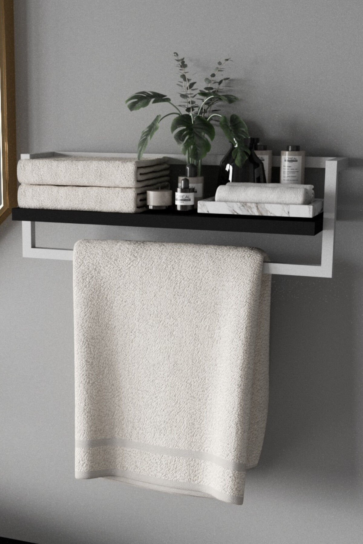 Havluluk Raflı Modern Havlu Askısı Beyaz - Siyah