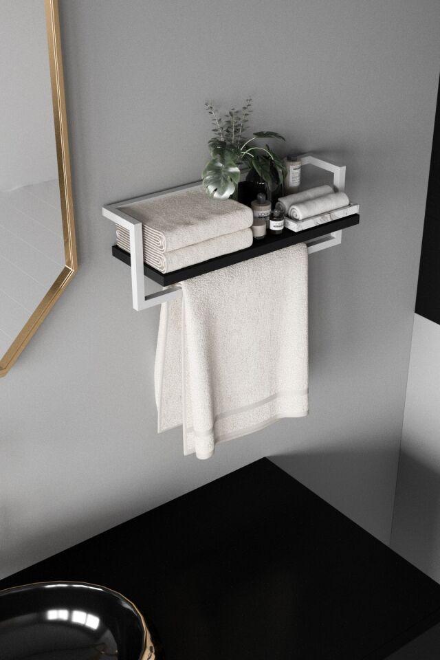 Havluluk Raflı Modern Havlu Askısı Beyaz - Siyah