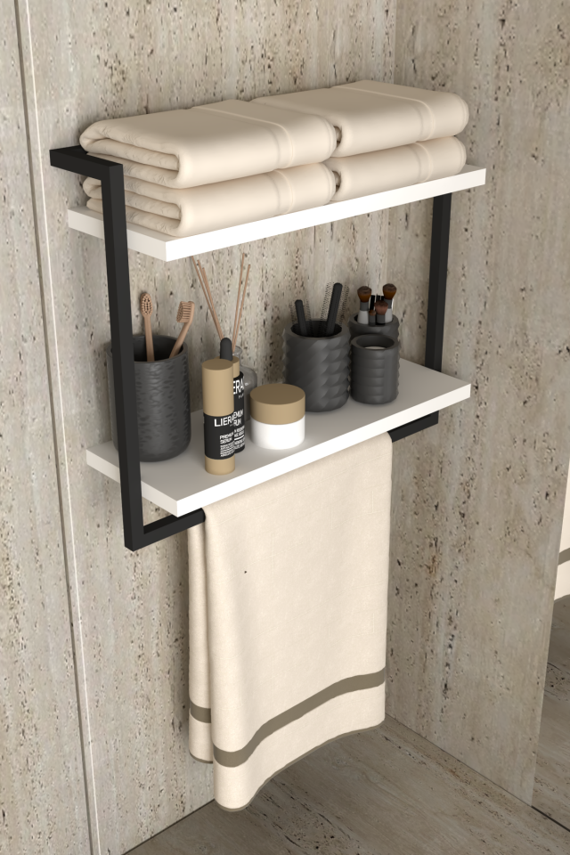 Çift Katlı Raflı Havluluk Geniş Raf Aralığı Siyah - Beyaz