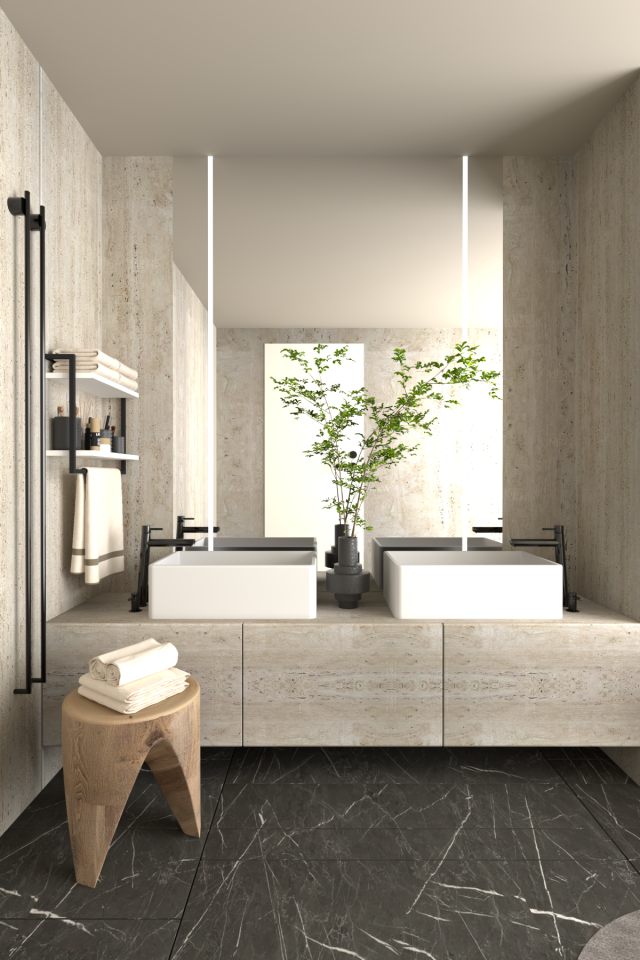 Çift Katlı Raflı Havluluk Geniş Raf Aralığı Siyah - Beyaz