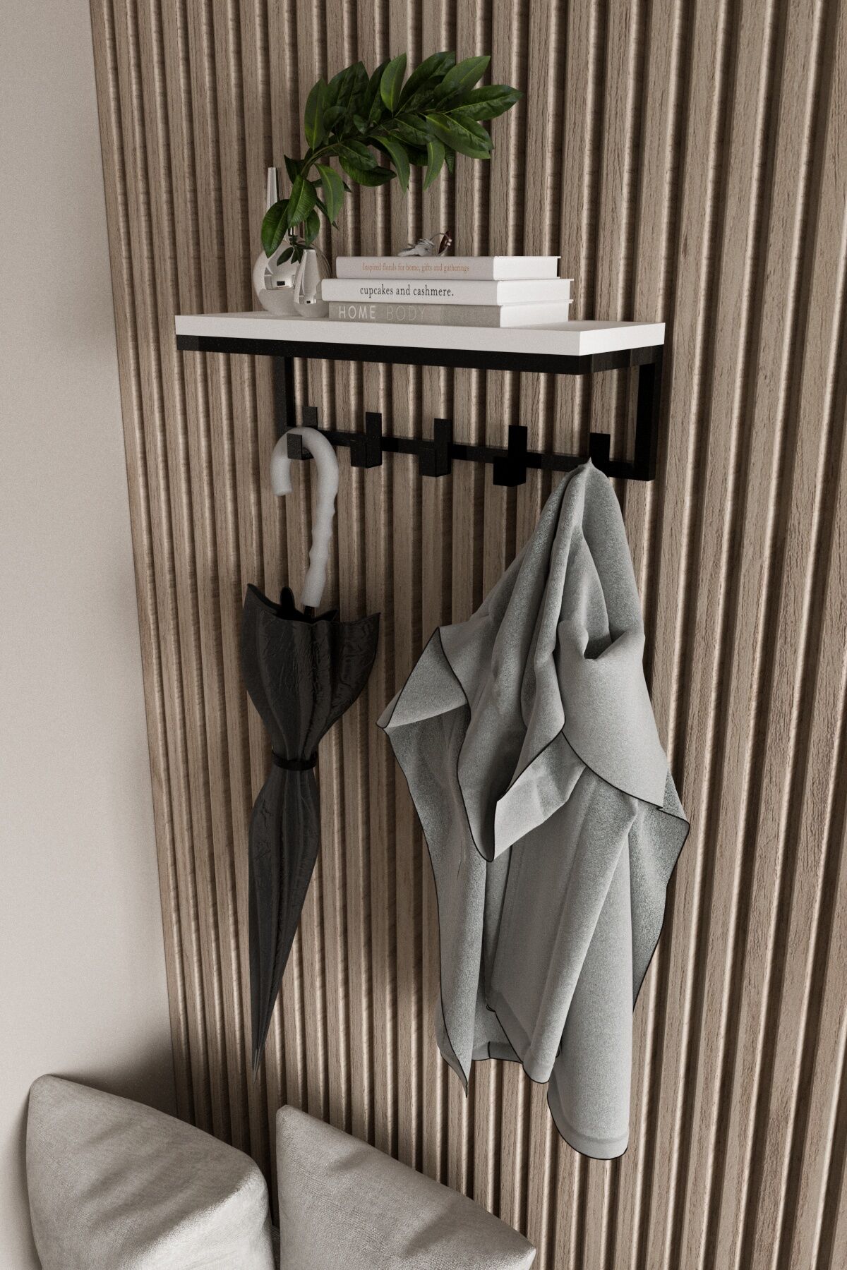Modern Metal Portmanto Duvar Tipi Askılık 5 Kanca Siyah - Beyaz