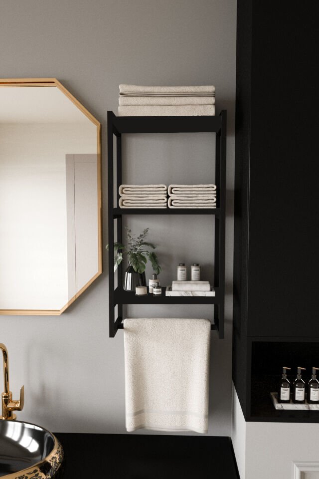 3 Katlı Metal Raf Havluluk Kitaplık Aksesuar Rafı Siyah - Siyah