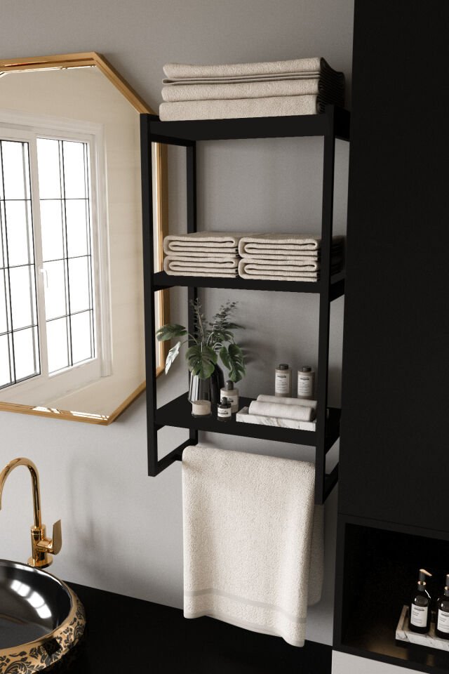 3 Katlı Metal Raf Havluluk Kitaplık Aksesuar Rafı Siyah - Siyah