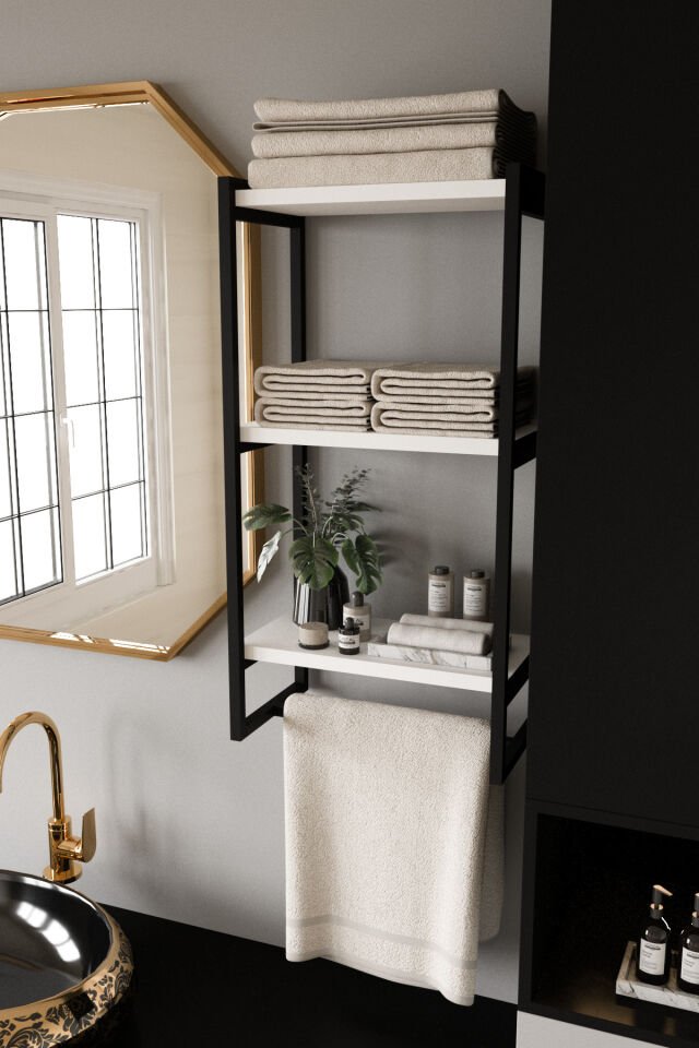 3 Katlı Metal Raf Havluluk Kitaplık Aksesuar Rafı Siyah - Beyaz