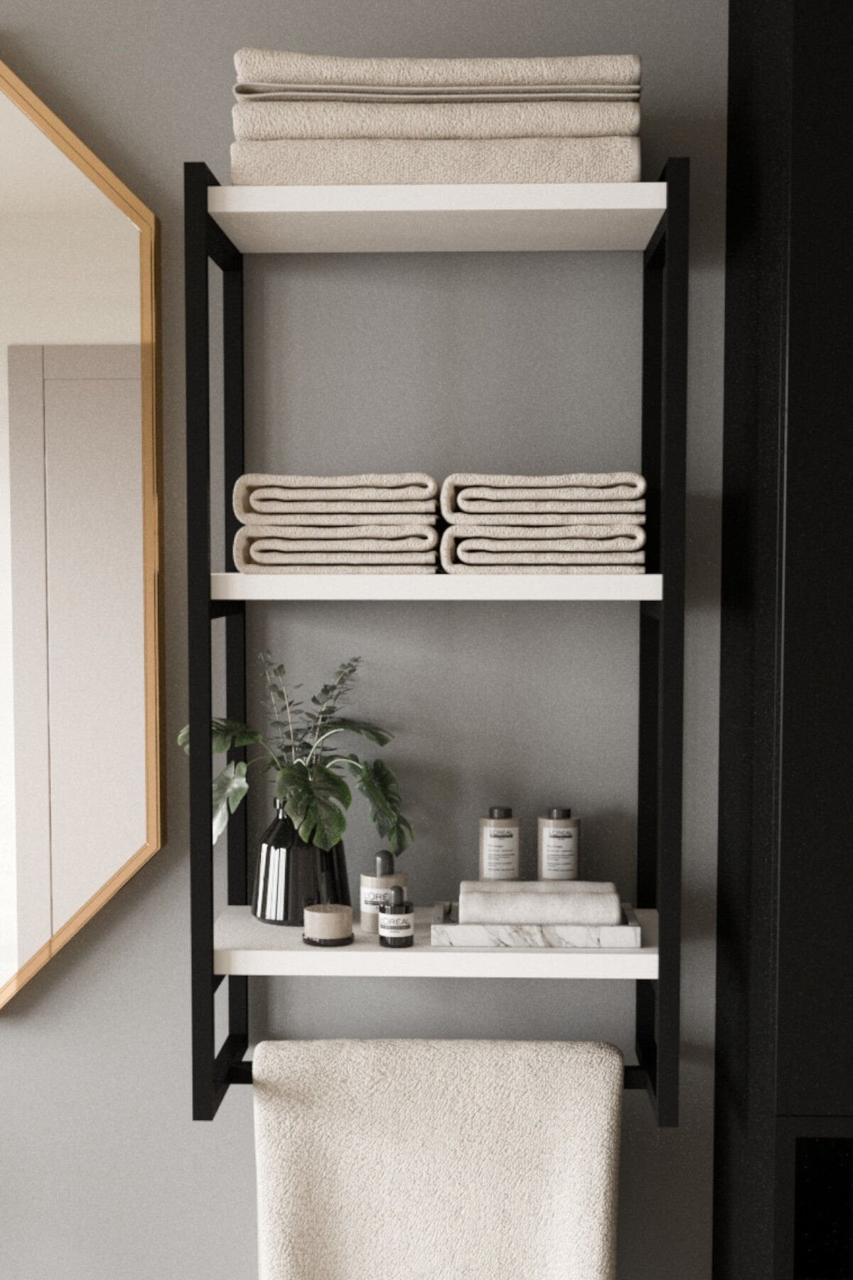 3 Katlı Metal Raf Havluluk Kitaplık Aksesuar Rafı Siyah - Beyaz