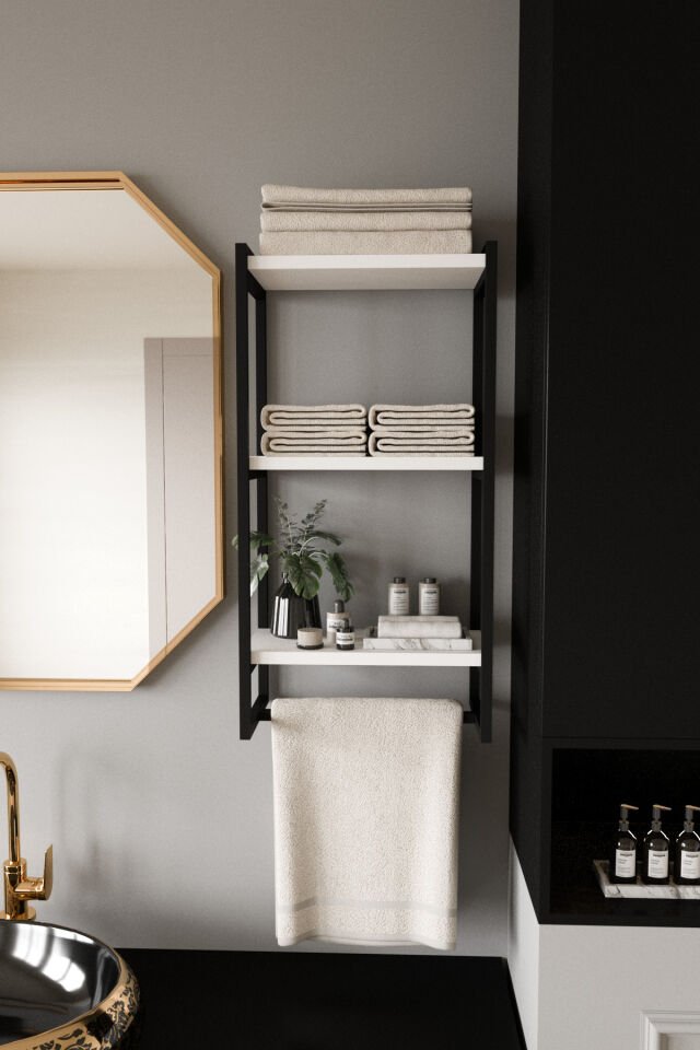 3 Katlı Metal Raf Havluluk Kitaplık Aksesuar Rafı Siyah - Beyaz