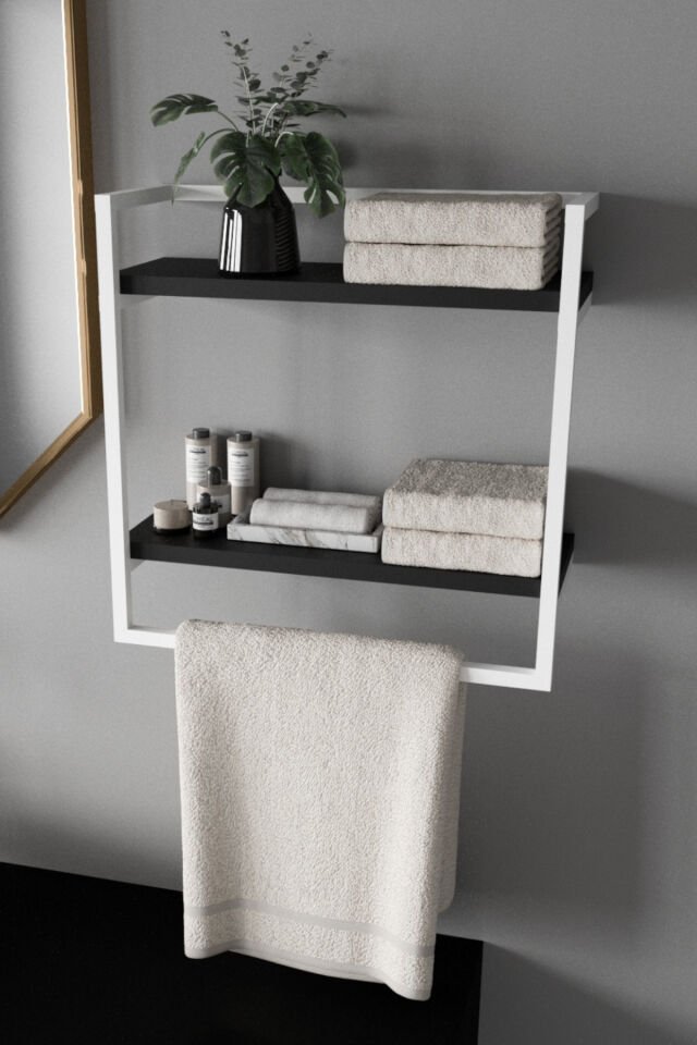 Havluluk Çift Katlı Raflı Modern Metal Çerçeveli Beyaz - Siyah