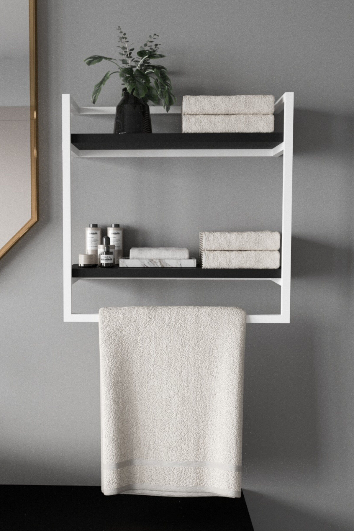 Havluluk Çift Katlı Raflı Modern Metal Çerçeveli Beyaz - Siyah