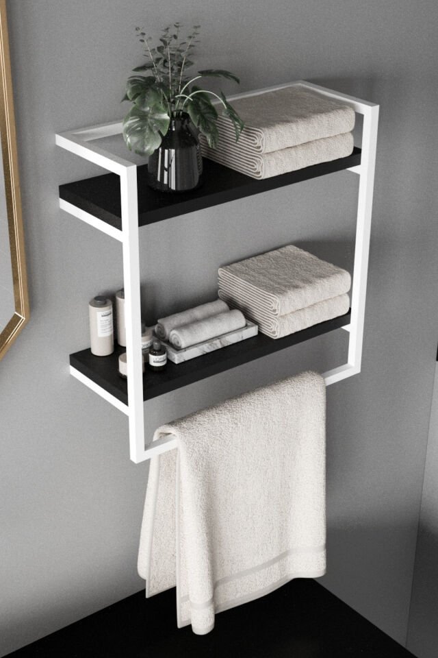 Havluluk Çift Katlı Raflı Modern Metal Çerçeveli Beyaz - Siyah