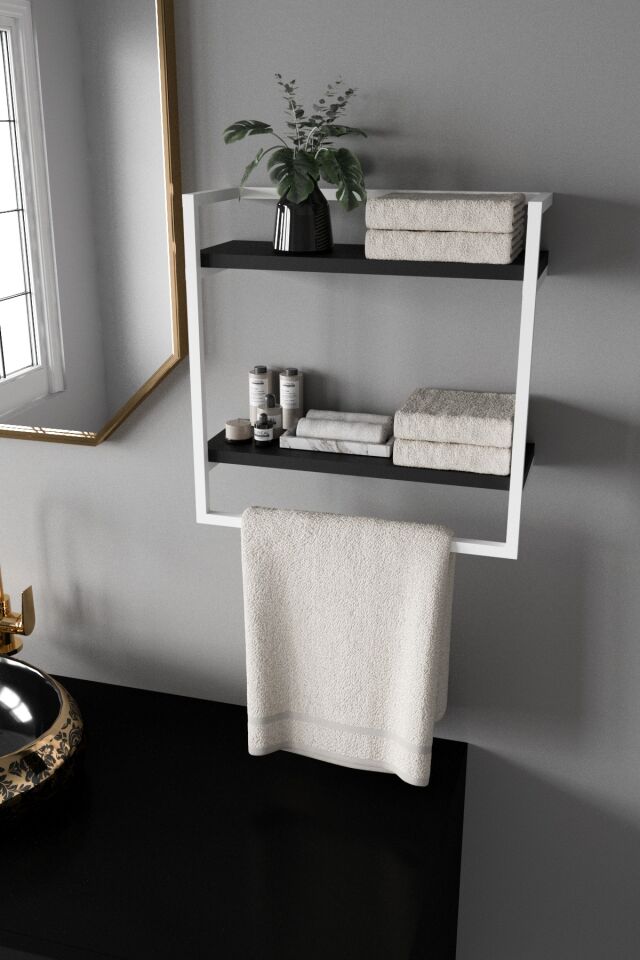 Havluluk Çift Katlı Raflı Modern Metal Çerçeveli Beyaz - Siyah