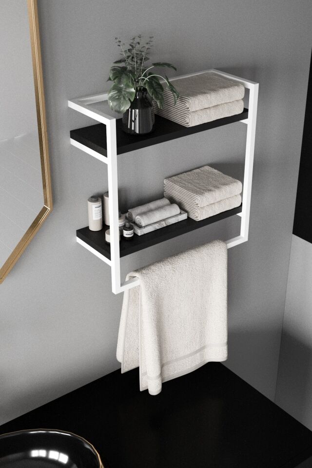 Havluluk Çift Katlı Raflı Modern Metal Çerçeveli Beyaz - Siyah