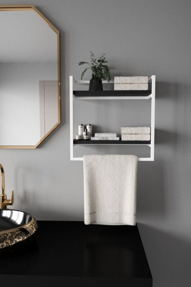 Havluluk Çift Katlı Raflı Modern Metal Çerçeveli Beyaz - Siyah