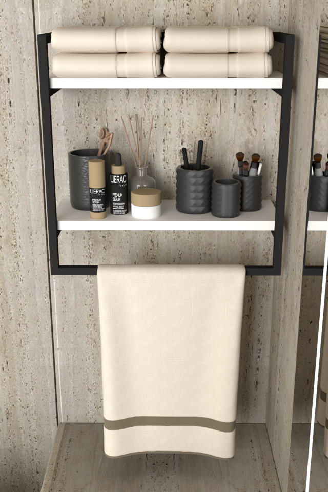 Havluluk Çift Katlı Raflı Modern Metal Çerçeveli Siyah - Beyaz
