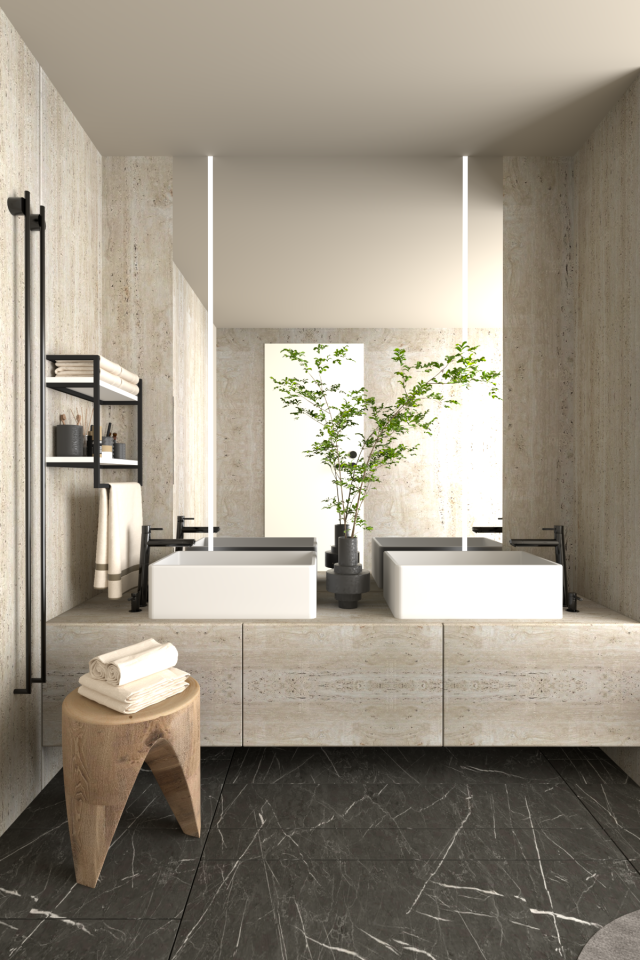 Havluluk Çift Katlı Raflı Modern Metal Çerçeveli Siyah - Beyaz