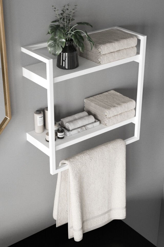 Havluluk Çift Katlı Raflı Modern Metal Çerçeveli Beyaz - Beyaz