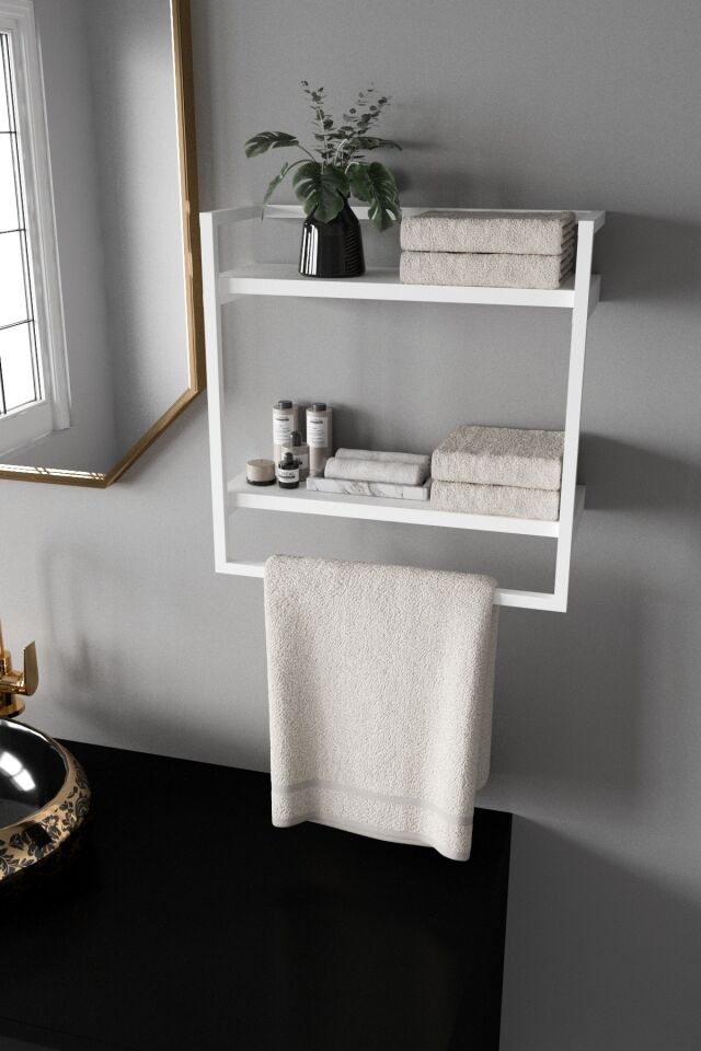 Havluluk Çift Katlı Raflı Modern Metal Çerçeveli Beyaz - Beyaz