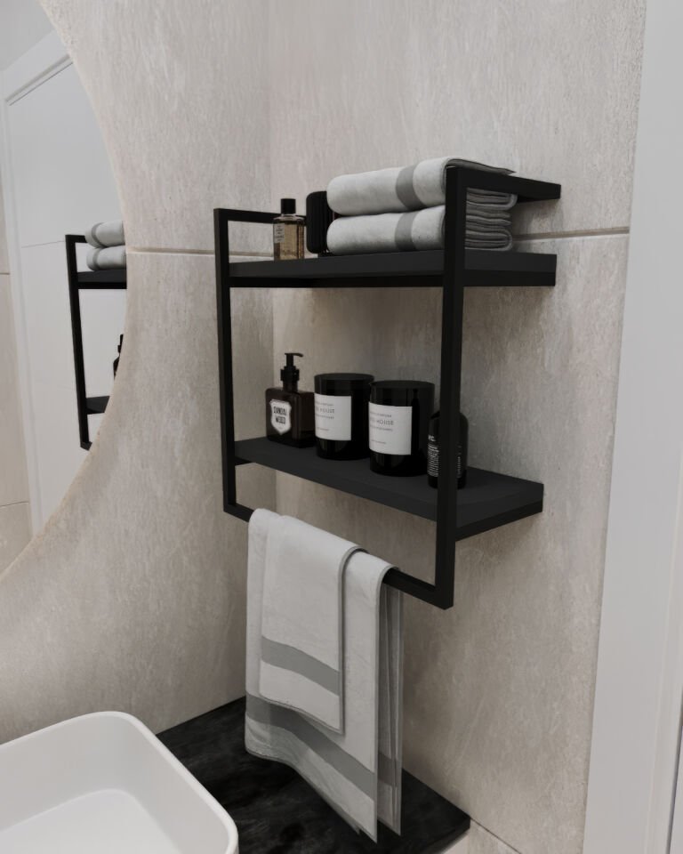 Havluluk Çift Katlı Raflı Modern Metal Çerçeveli Siyah - Antrasit