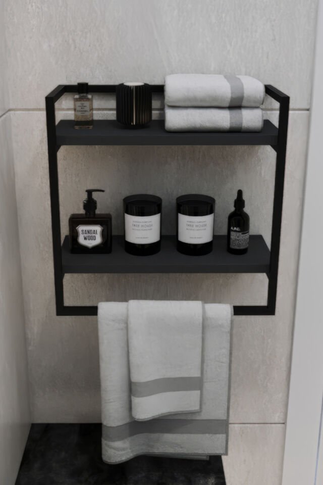 Havluluk Çift Katlı Raflı Modern Metal Çerçeveli Siyah - Antrasit