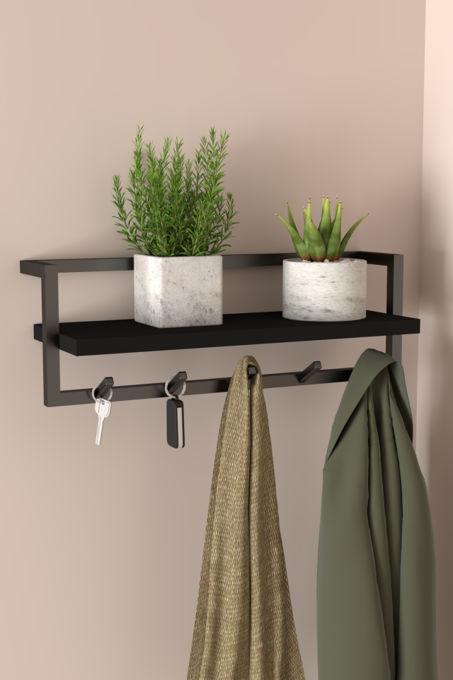 Portmanto Duvar Askılığı Modern Raflı Metal Askılık Siyah - Siyah