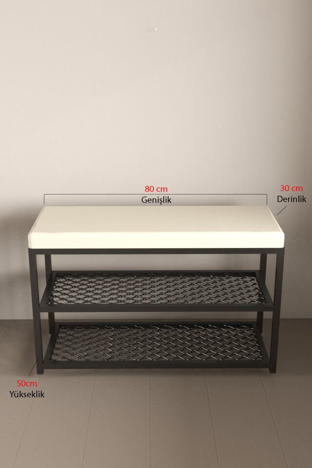 Minderli Puflu Metal Ayakkabılık Benç Siyah - Krem