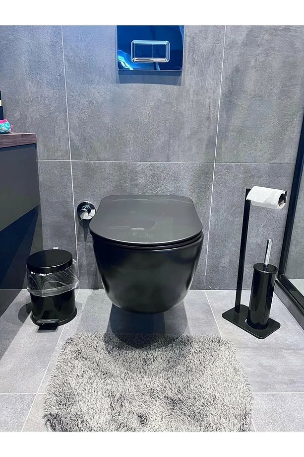 Tuvalet Kağıtlığı Fırçalık ve Pedallı Çöp Kovası Seti – Modern ve Şık Metal Tasarım Siyah